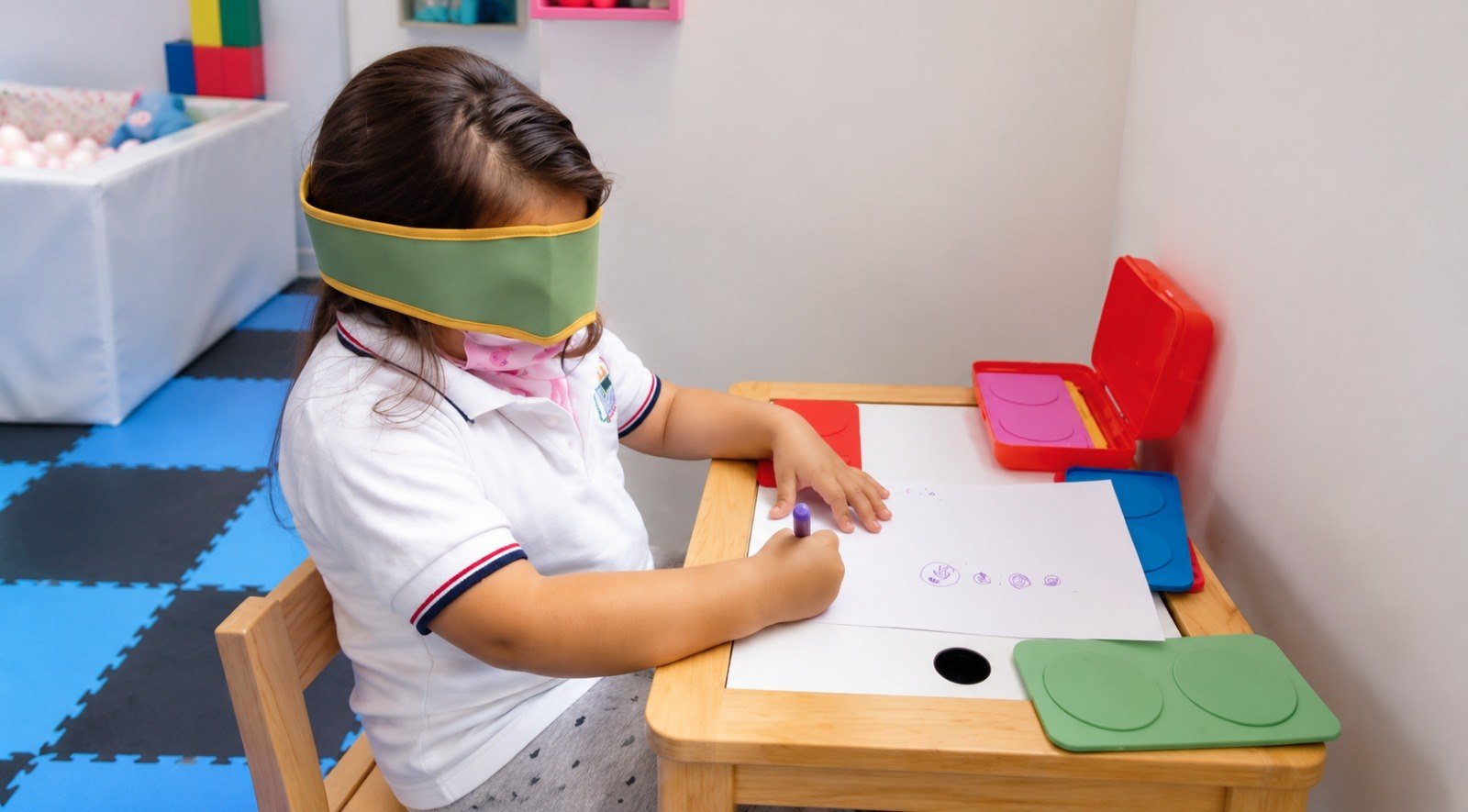 Niña realizando actividad sensorial guiada con restricción visual para trabajar propiocepción, atención y motricidad fina